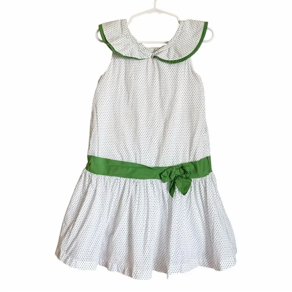 Janie and Jack White Polka Dot Dress Green Trim Girls Size 4 Classic Cotton